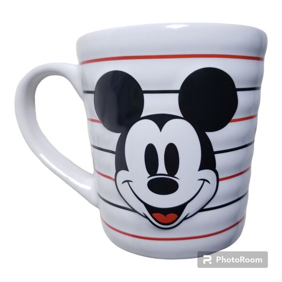 Disney Mickey Mouse Embossed Face Striped 16oz Ceramic Mug White Red Black - Picture 1 of 5